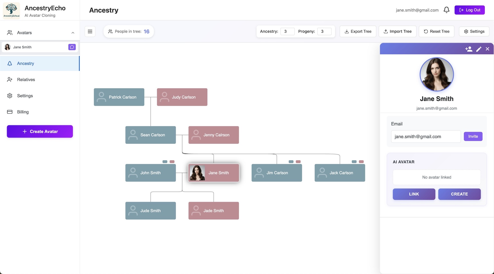Interactive family tree connecting generations
